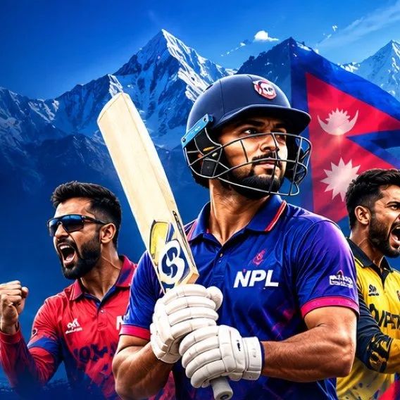 NPL cricketers in front of the Himalaya and the flag of Nepal